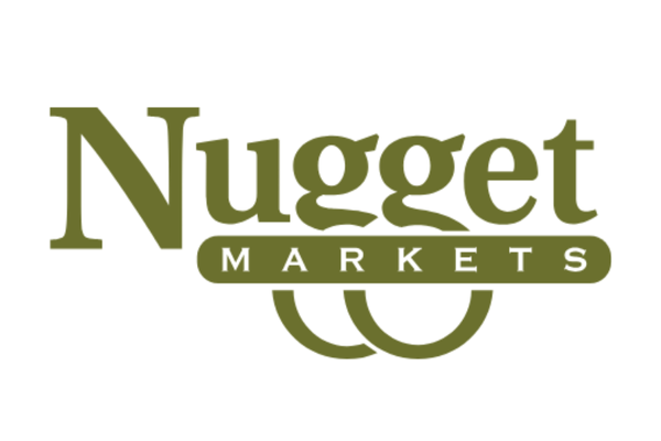 Logo for Nugget Markets, with the name in large green text and 'Markets' in white text on a green background underneath, with a stylized element resembling market shelves or a fruit basket under the text.