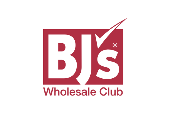 Logo for BJ's Wholesale Club with large red and white text and a check mark.