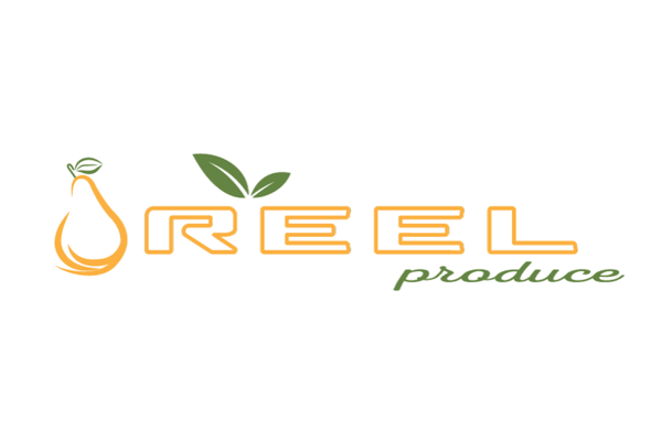 Logo for Reel Produce featuring an orange pear with two green leaves and the words "REEL produce" in stylized text