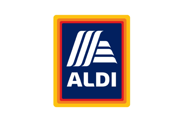 A logo featuring three stylized white lines and a white triangle on a blue background, with the word 'ALDI' in white below, all framed by a yellow border with a red outline.
