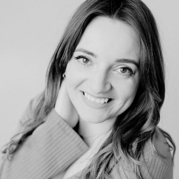 Black and White headshot of Haylee Piehl, VP Marketing & Creative of Proud Impact Collective