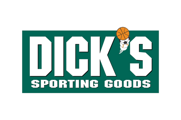 Dick's Sporting Goods logo with text and a basketball wearing a headband hanging from the letter S.