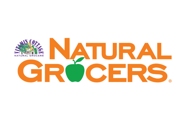 Virginia Cottontail Natural Grocers logo with green apple icon and purple-green Virginia Cottontail emblem