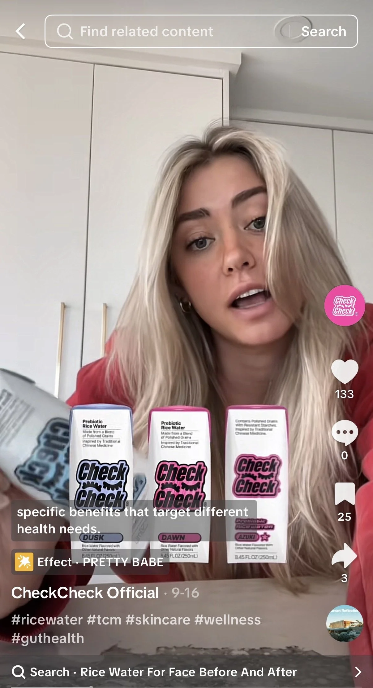 Young woman with blonde hair and red shirt showing three cartons of CheckCheck prebiotic rice water skincare products on a table.