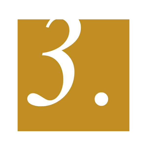 Number three with a period in a white font on a gold background within a black border.