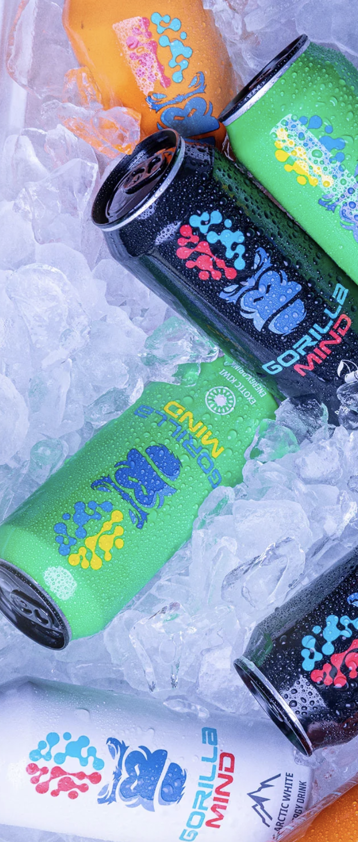 Cans of Gorilla Mind Ice and Polar White energy drinks on ice.