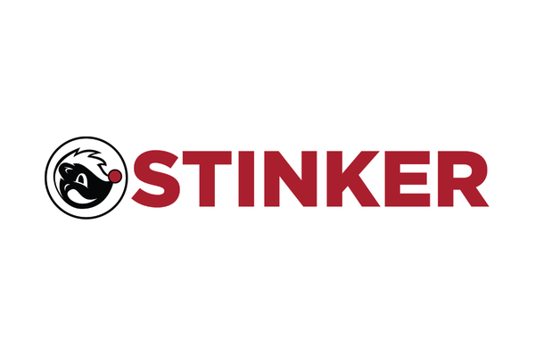 A logo featuring a stylized cartoon character with a mischievous expression next to the word 'STINKER' in bold red letters.