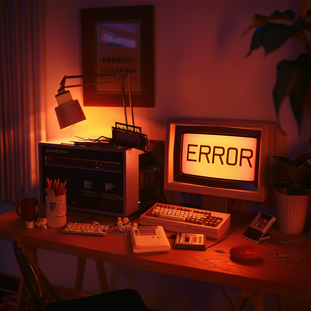 Retro computer setup with "ERROR" on screen, warm lighting, desk cluttered with vintage tech items and office supplies.