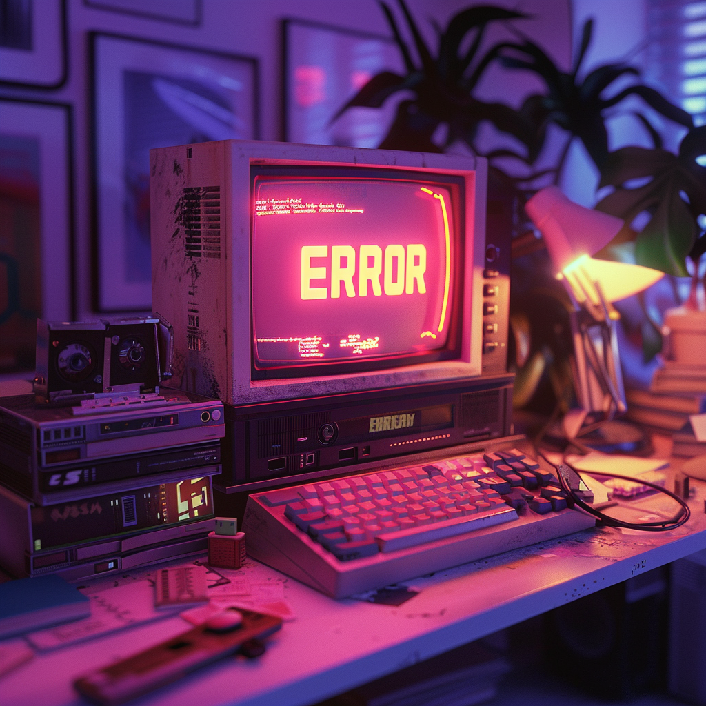 A vintage computer on a cluttered desk displaying the word 'ERROR' in pink on its screen, with a keyboard and old technology items around. The scene is illuminated by warm, ambient lighting with plants and picture frames in the background.