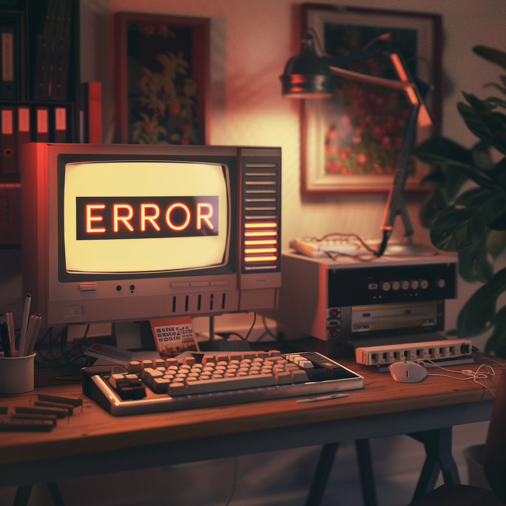 Retro desk setup with a vintage computer displaying an 'ERROR' message, accompanied by a keyboard, mouse, and various office items in a warmly lit room.
