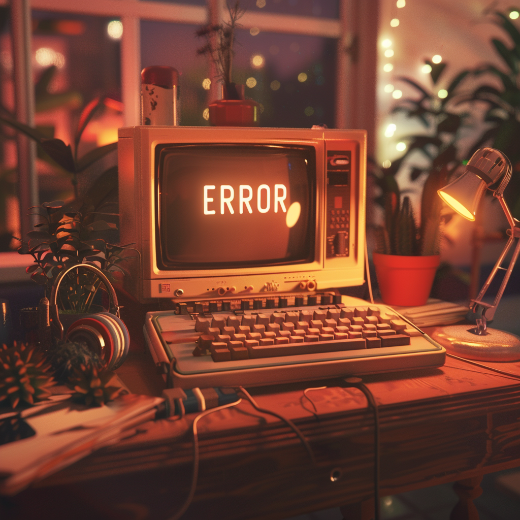 Retro computer setup with "ERROR" on screen, surrounded by plants and a desk lamp in a cozy room.