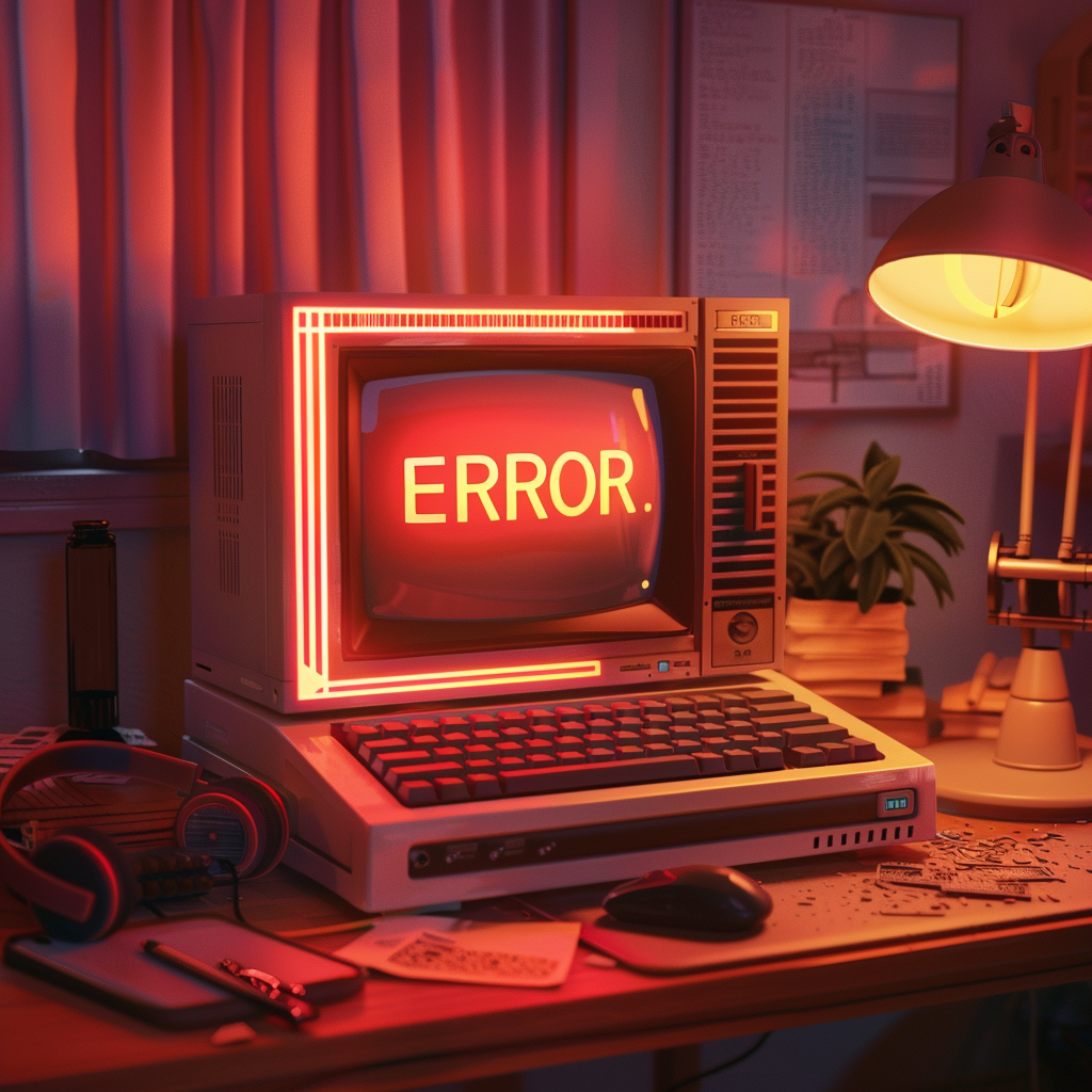 A cozy room setup featuring a vintage computer with an "ERROR" message displayed on the screen, dimly lit by a warm desk lamp. Papers, a keyboard, and a mouse clutter the desk, with a pair of headphones resting nearby and a potted plant in the backgr
