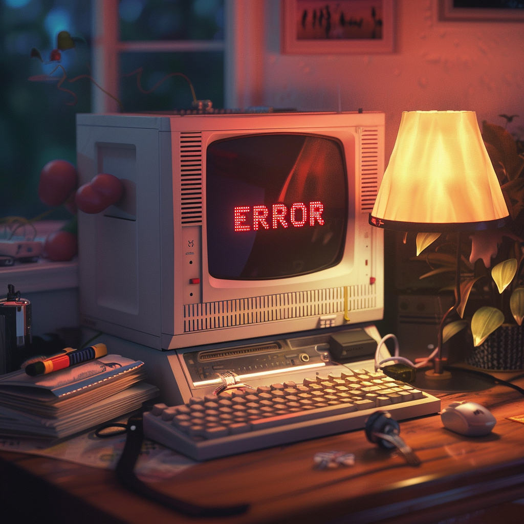 Vintage computer showing "ERROR" on screen, surrounded by a cluttered desk with a lamp, books, and plants.