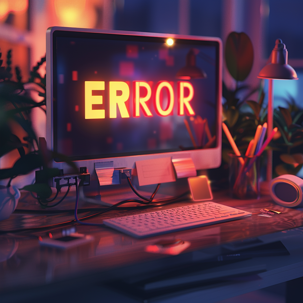 Computer screen displaying "ERROR" in red, surrounded by office supplies, plants, and warm lighting.
