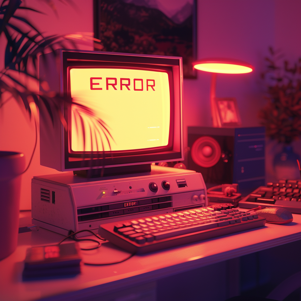A vintage computer setup with a CRT monitor displaying the word 'ERROR' in bold red letters. The workspace is lit with red and purple lighting, featuring an old keyboard, a desk lamp, plant, and retro-style speaker.