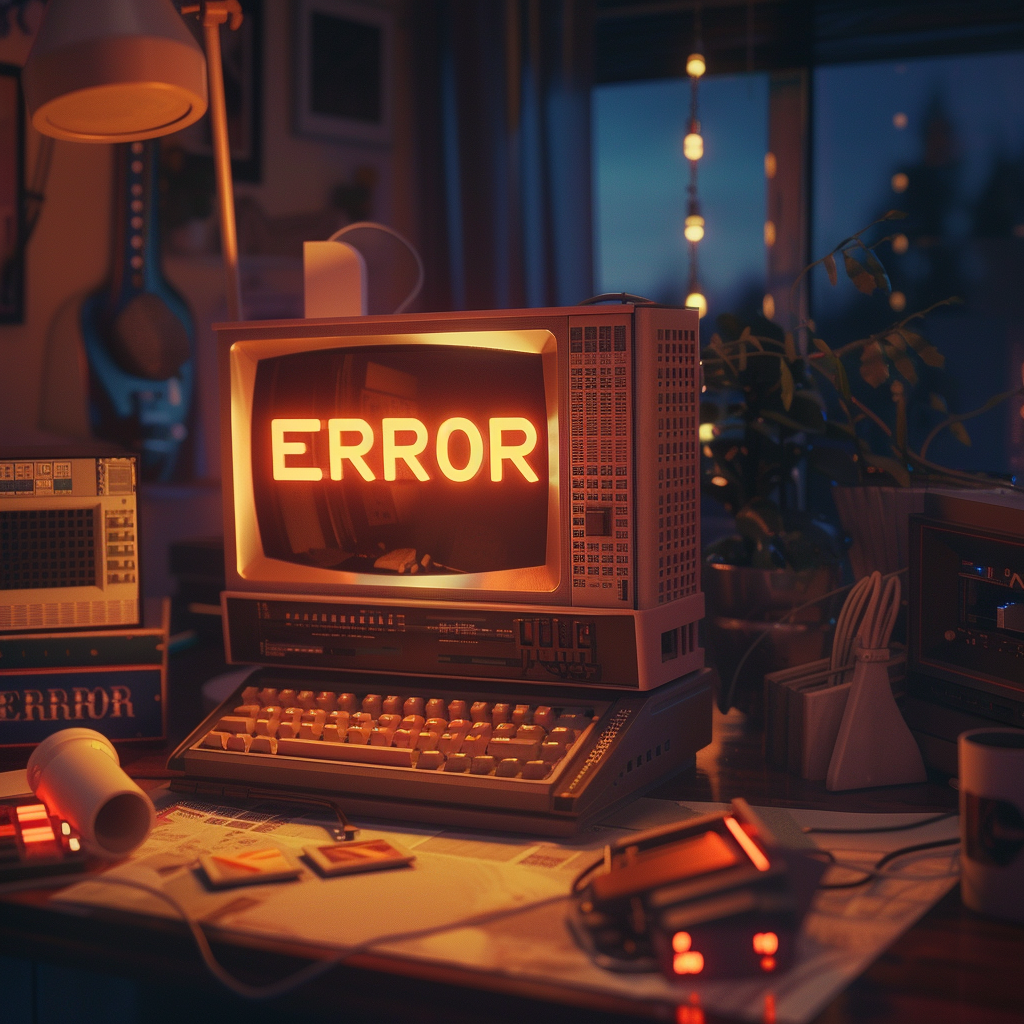 A vintage computer showing "ERROR" on the screen, surrounded by retro technology and dim lighting.