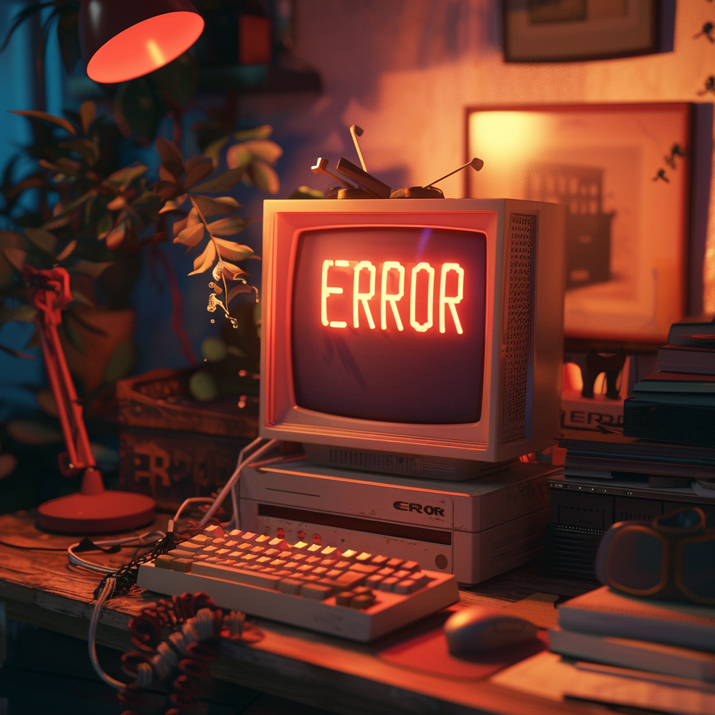 Retro computer desk setup with an old CRT monitor displaying the word 'ERROR' in red text, surrounded by plants, books, a desk lamp, and vintage electronics.