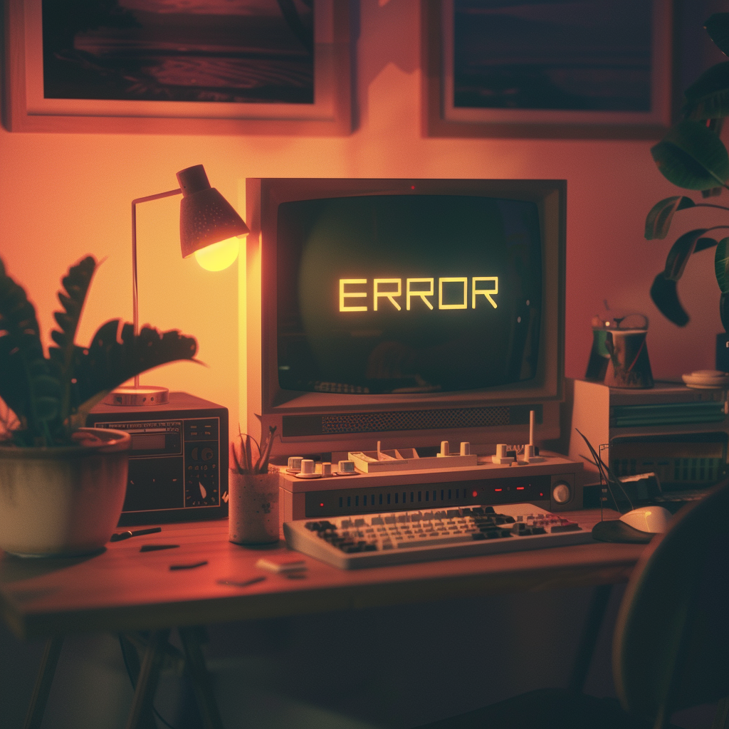 Retro computer setup with a CRT monitor displaying the word 'ERROR'. The desk includes a vintage keyboard, audio equipment, potted plants, and a table lamp. The room is dimly lit with a warm, vintage aesthetic.