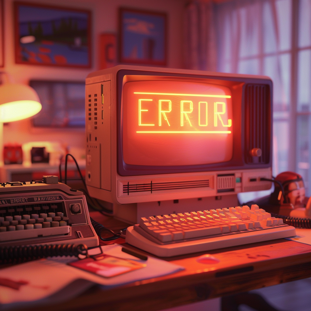 Vintage computer displaying "ERROR" in neon letters, with a keyboard and typewriter on a cluttered desk in a dimly lit room, suggesting a retro tech theme.