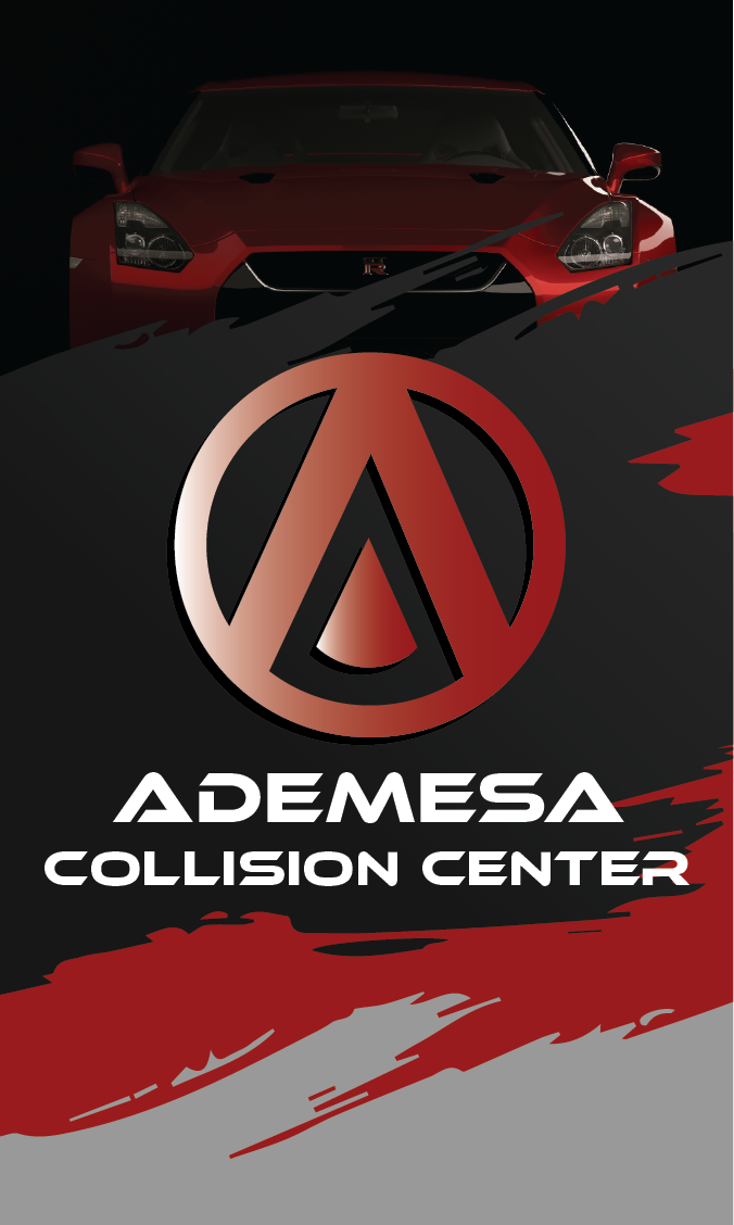 Red sports car behind a sign for Ademsa Collision Center with a stylized logo and black, red, and gray background.