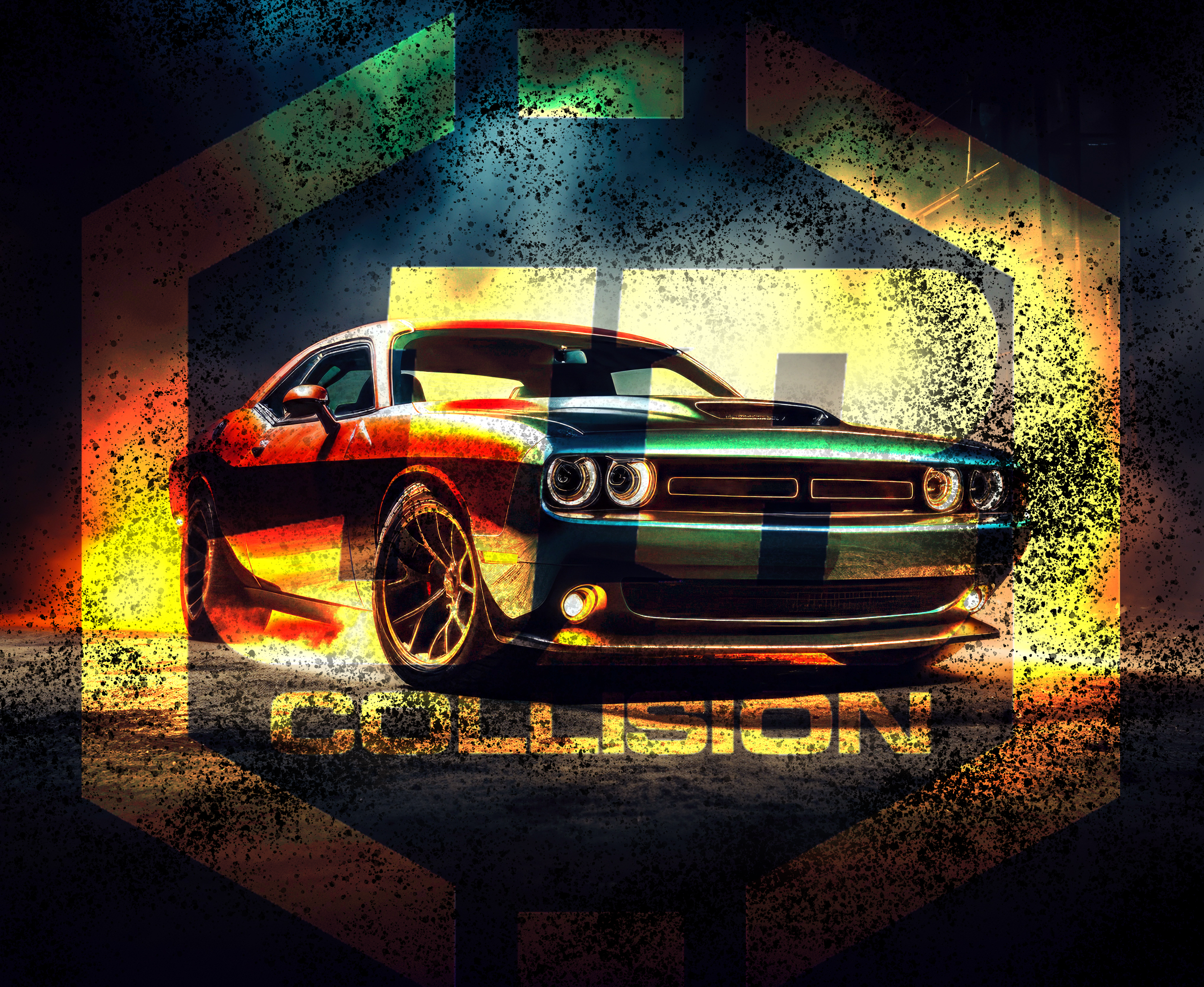 A sleek, black muscle car with bright headlights and shiny rims, positioned in front of a colorful, abstract background with the word 'COLLISION' written below.