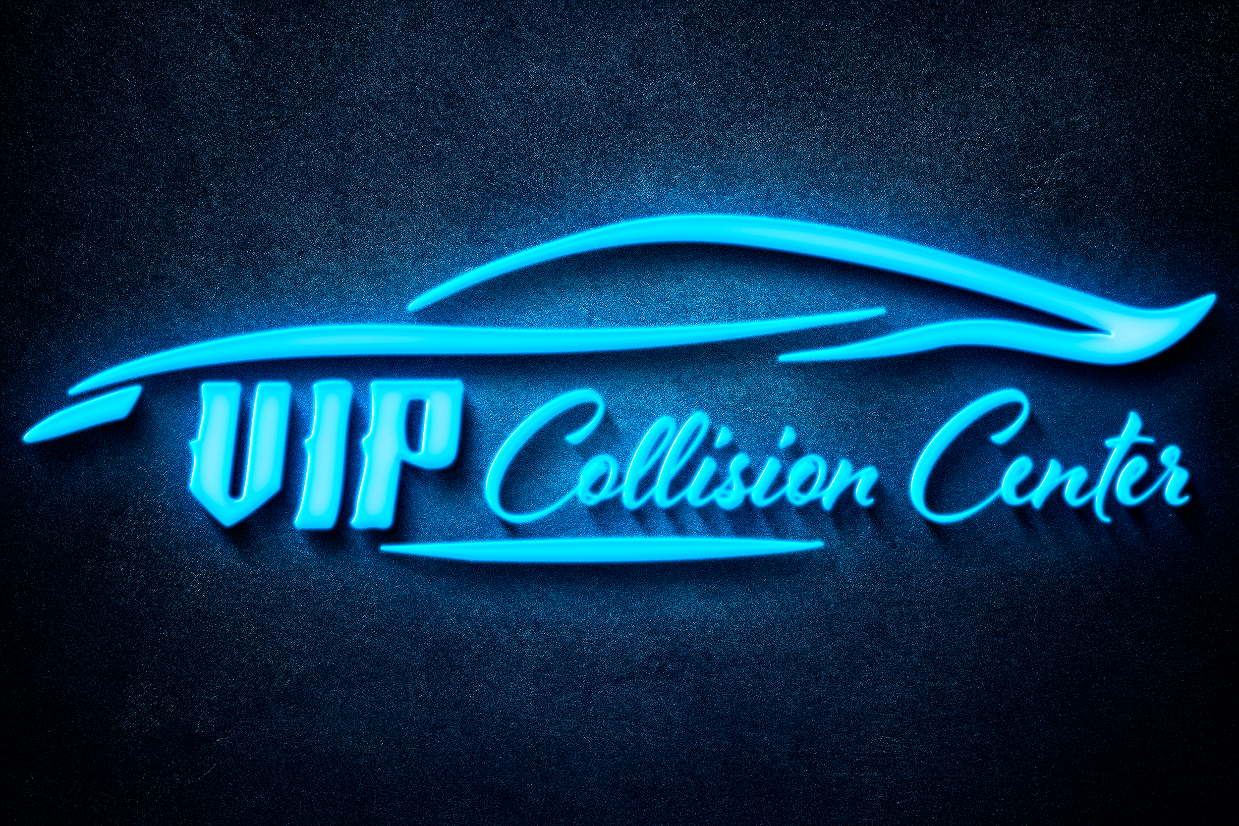 Neon sign reading 'VIP Collision Center' with a stylized car outline in blue above the text created by RGFXdesign.com
