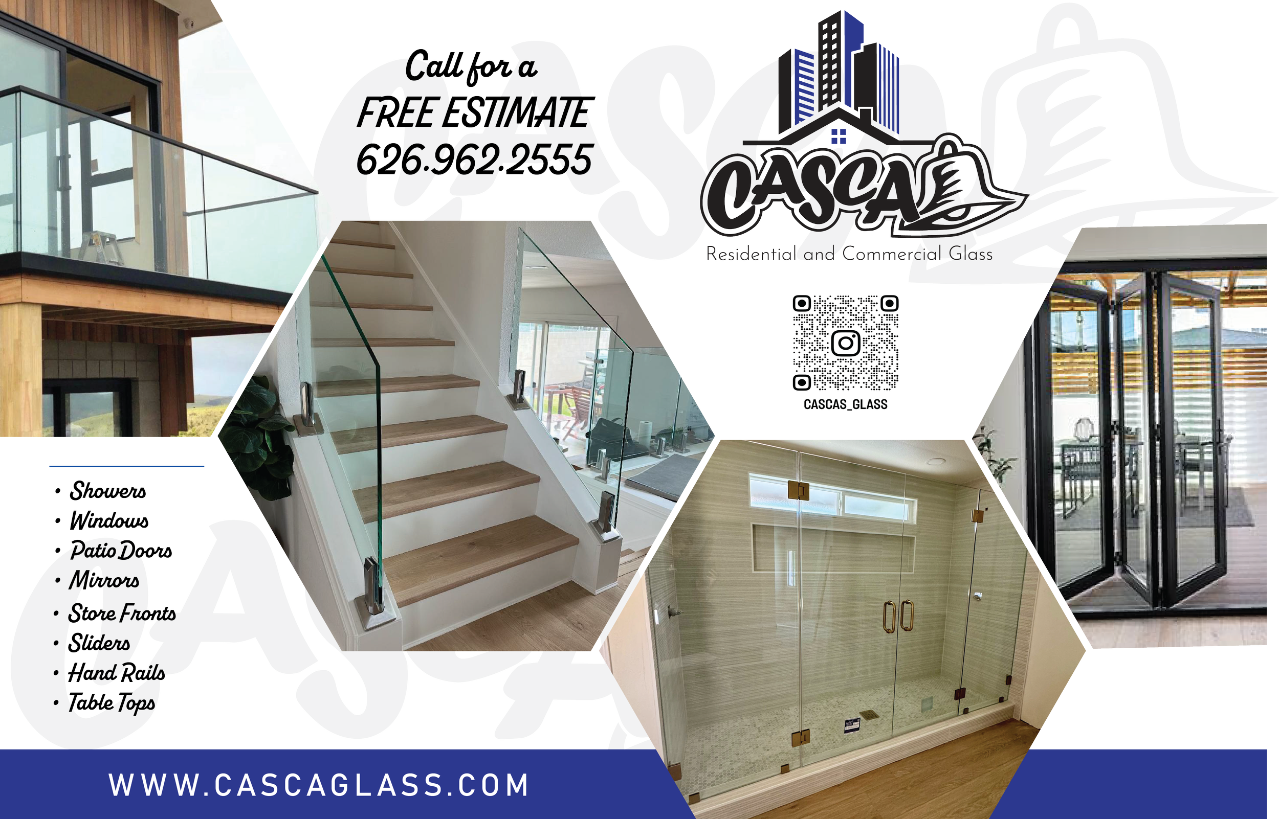 A digital advertisement for Cascas Glass showcasing various residential and commercial glass installations, including glass railings, shower enclosures, windows, patio doors, and store fronts, with contact information and website.