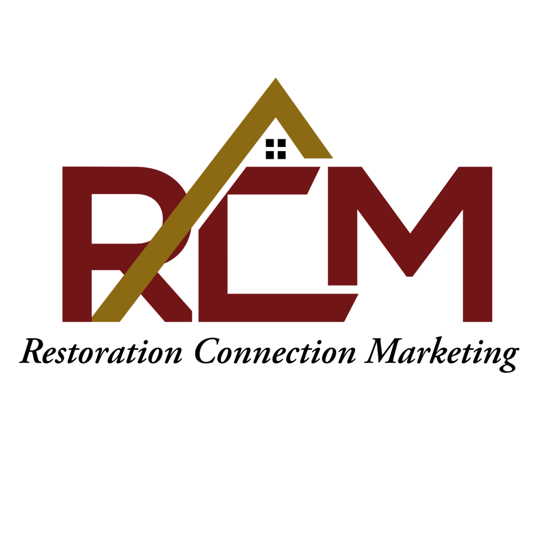 Logo for Restoration Connection Marketing with a house roof above the acronym RCM and the tagline 'Restoration Connection Marketing'