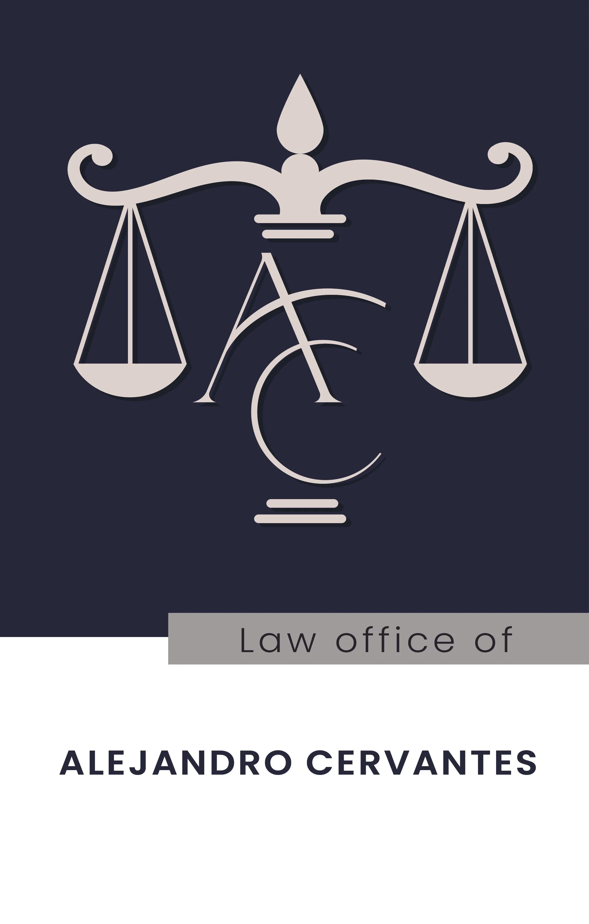 Book cover with scales of justice above the initials A and C, and the text 'Law office of Alejando Cervantes'