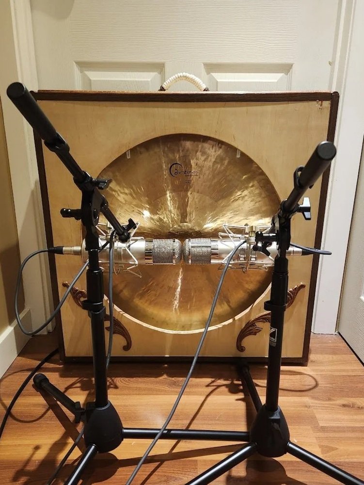 A large gong with a wooden frame and gold finish, with a microphone setup in front of it on a stand, in a room with wood flooring.