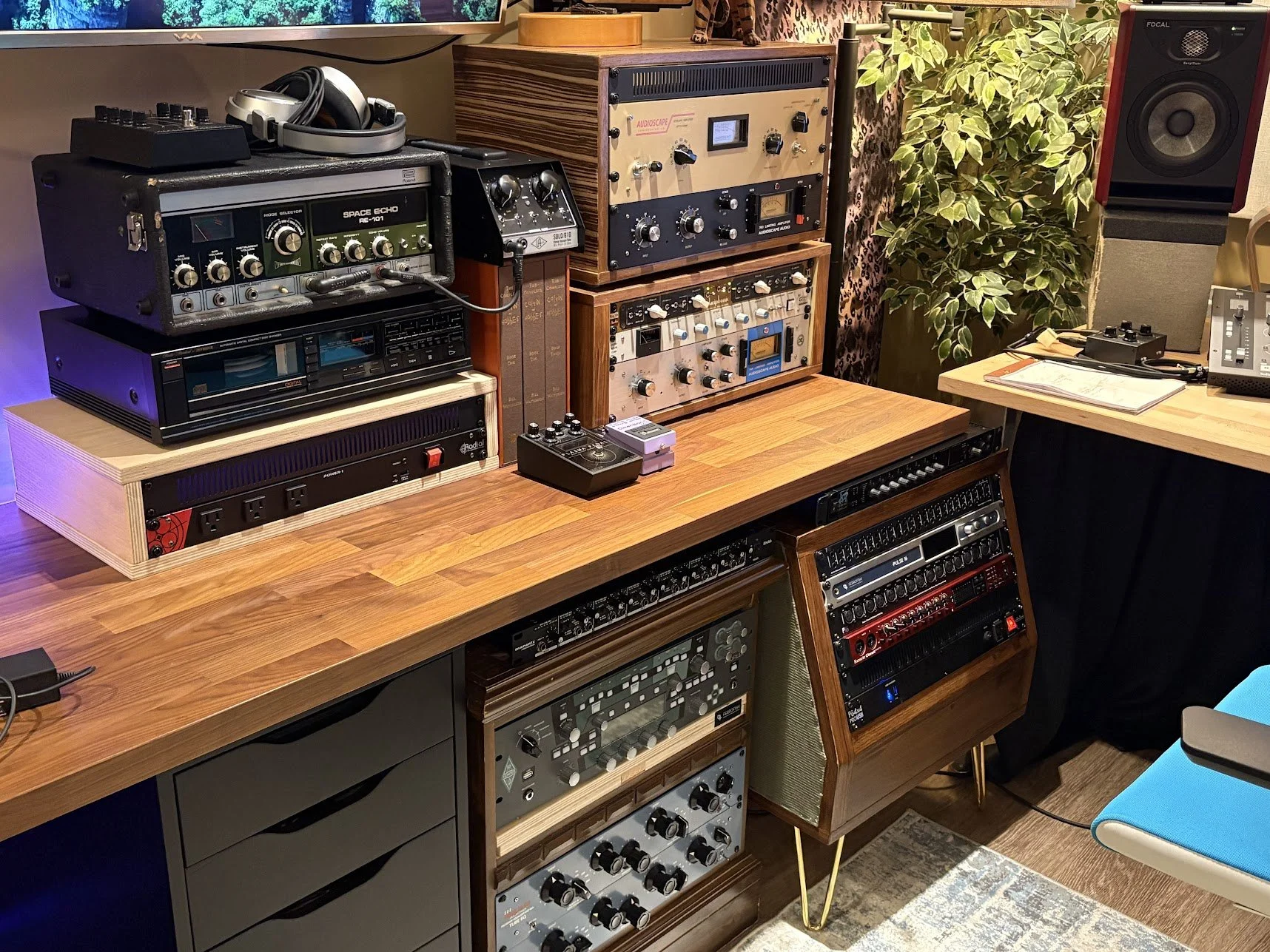 Music studio with vintage audio equipment, including speakers, mixing boards, and amplifiers on wooden and black cabinets, a large leafy indoor plant, and a desk with a notebook and electronic device.