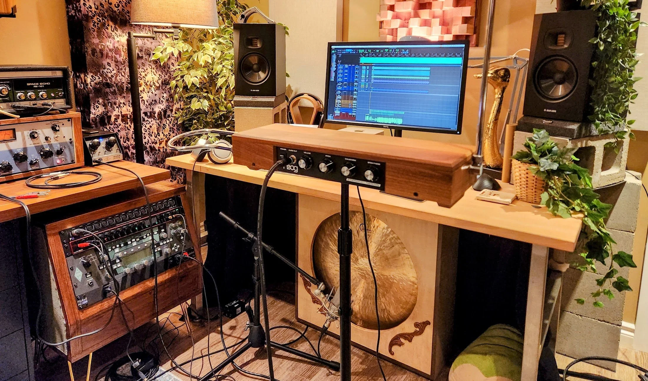 A music studio with mixing equipment, monitors, and a computer displaying a digital audio workstation. The studio has plants, a lamp, and acoustic foam panels.