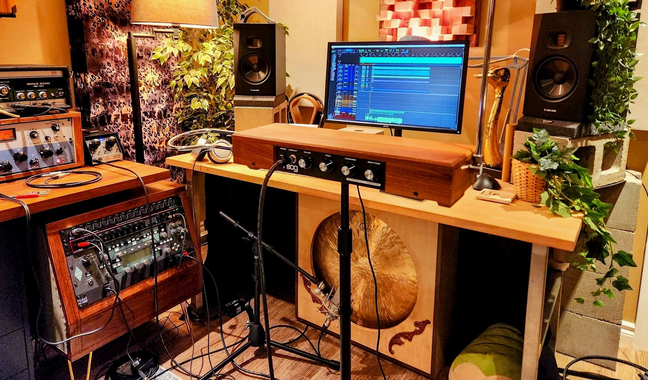 Recording studio with a computer monitor displaying digital audio workstation software, surrounded by speakers, audio equipment, headphones, plants, and decorative pillows.