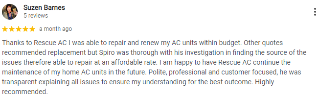 Screenshot of a positive customer review about Rescue AC, praising thorough investigation and maintenance of AC units.