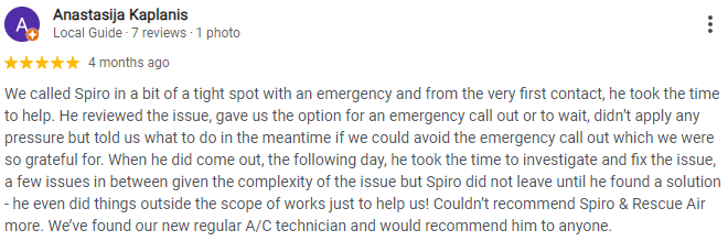 Screenshot of a 5-star review for a service, describing a positive experience with an emergency issue and professional assistance.