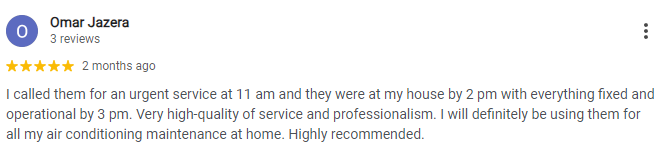 Screenshot of a Google review by Omar Jazera giving five stars for air conditioning repair service, praising professionalism and high-quality service.