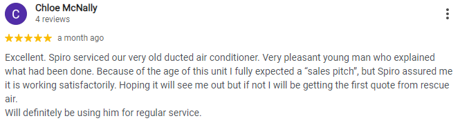 Screenshot of a Google review by Chloe McNally praising Spiro's air conditioning service.