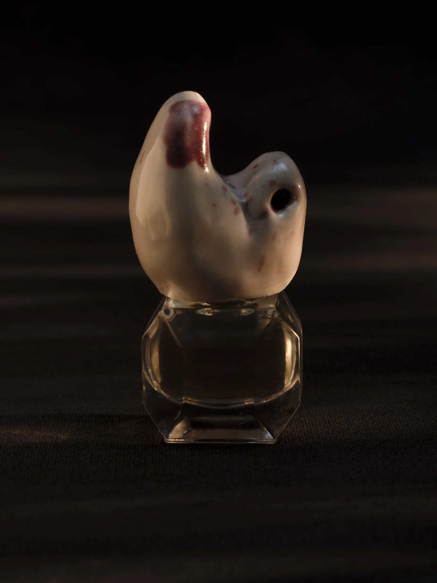 A ceramic sculpture resembling an abstract human ear, placed on a transparent, hexagonal glass stand against a dark background.