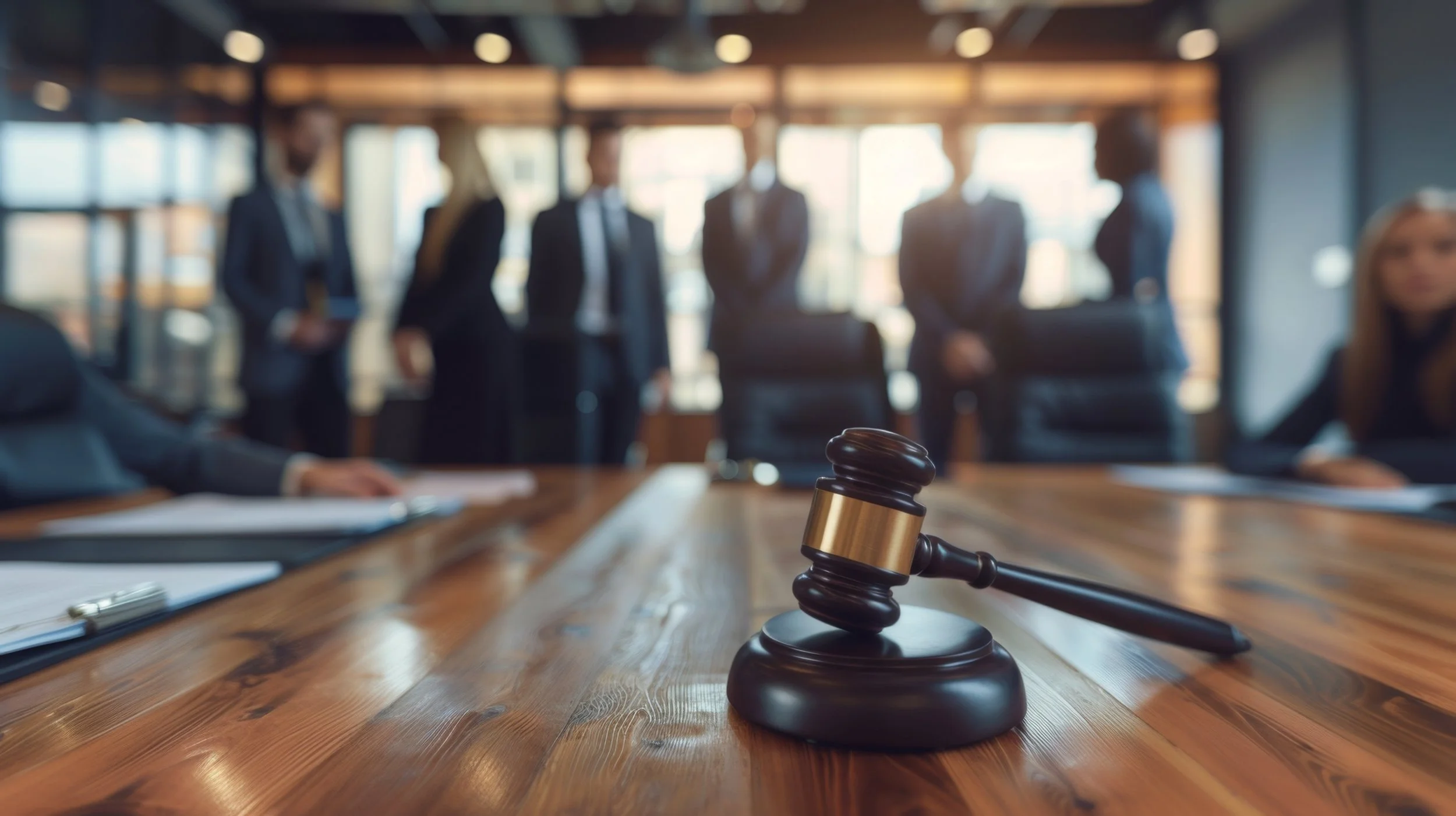 A judge's gavel and sound block on a wooden table in a courtroom, with several blurred people in business attire standing and sitting in the background.