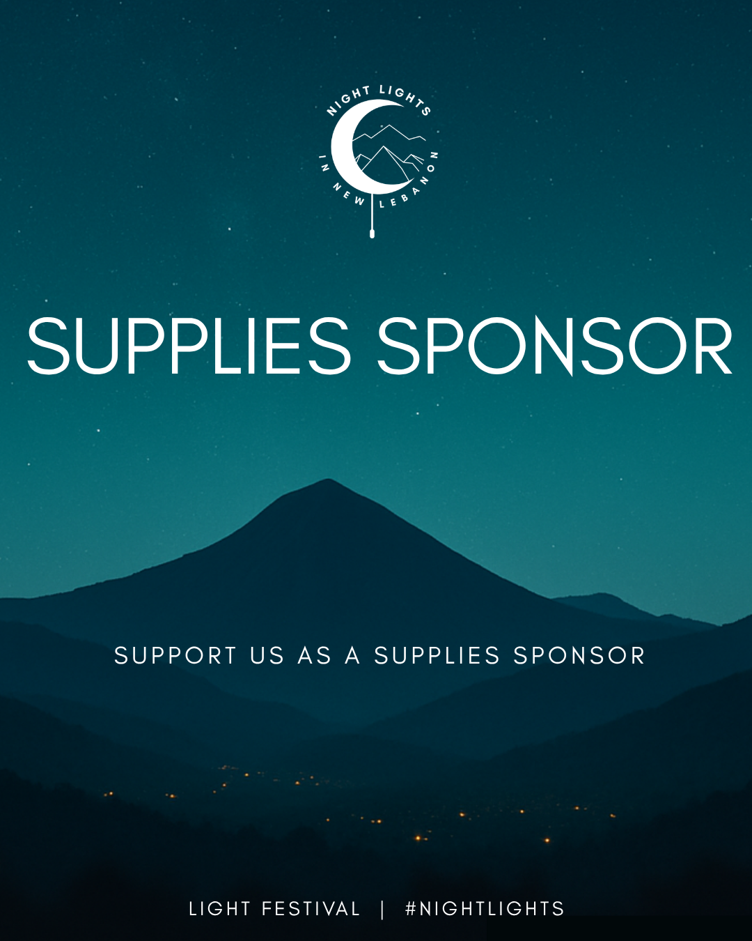 Night sky over mountains with text indicating sponsorship for a light festival in New Lebanon, Lebanon, featuring a moon, stars, and mountain outline logo.