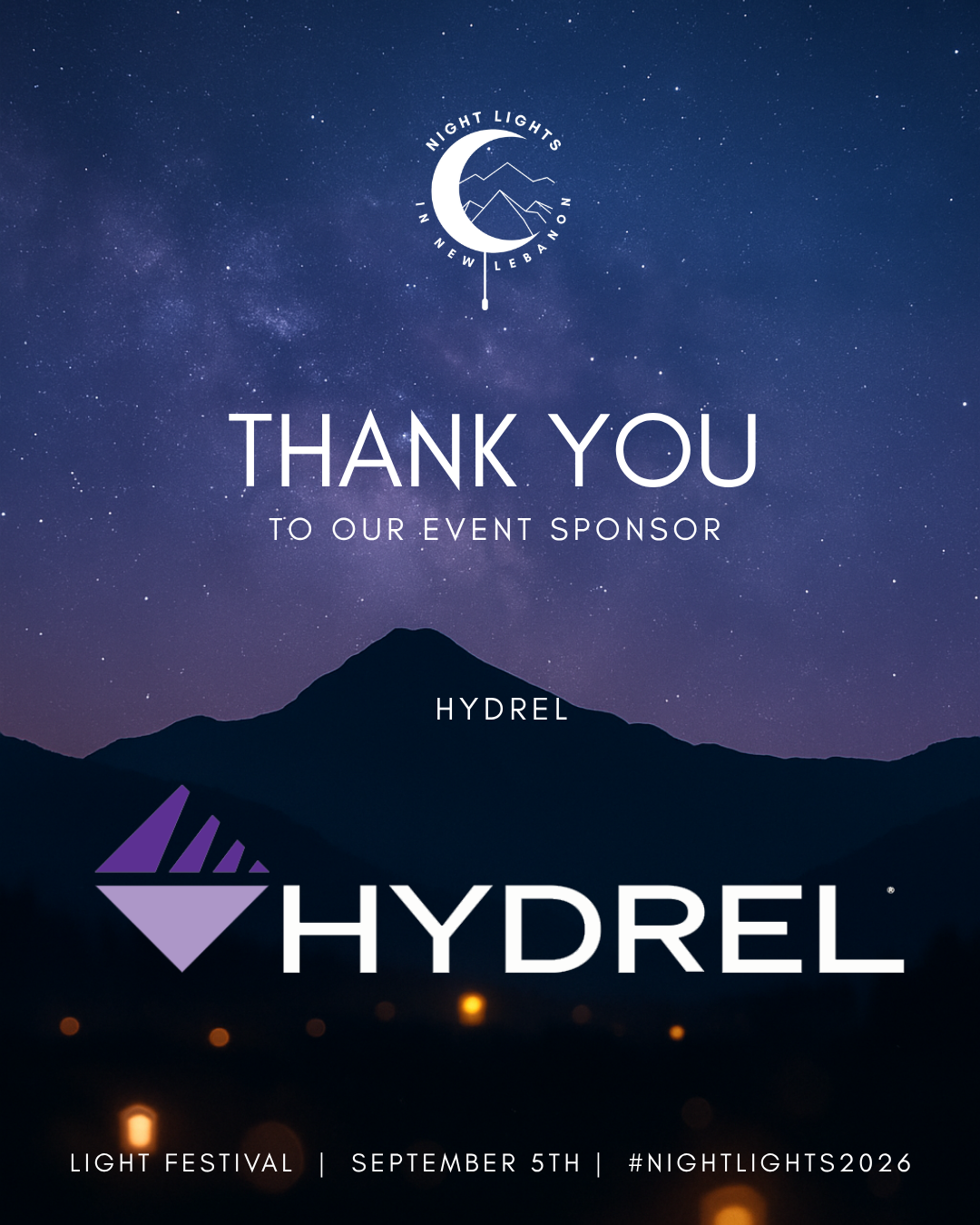 Night sky over mountain silhouette with stars and galaxy, event sponsor acknowledgment, Hydrel logo, and festival details.