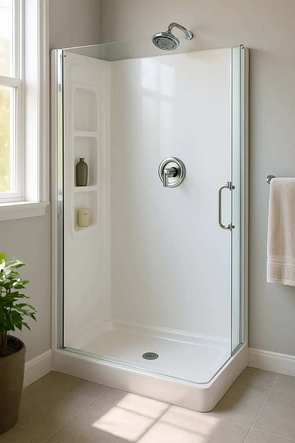 A clean, empty shower stall with a glass door, white interior, wall niche with bottles, and a window nearby letting in natural light.