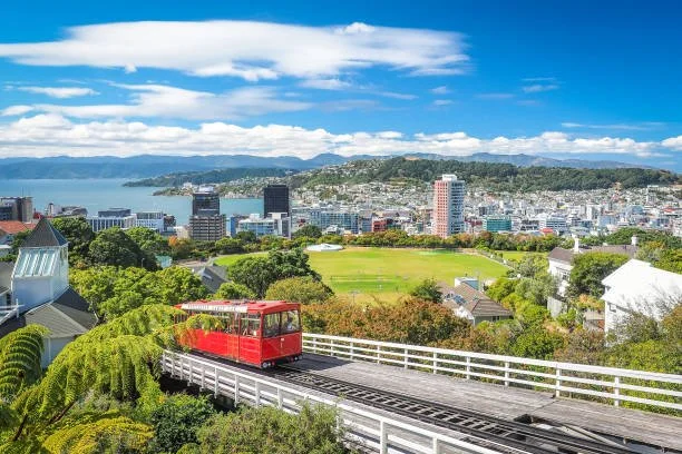 A scenic view of a city with a mix of modern buildings and greenery, a body of water in the background, and a red funicular train ascending a hill.