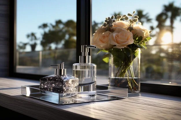 A clear glass vase with pale pink roses and greenery, a soap dispenser, and a perfume bottle on a silver tray on a windowsill with a view of trees outside.