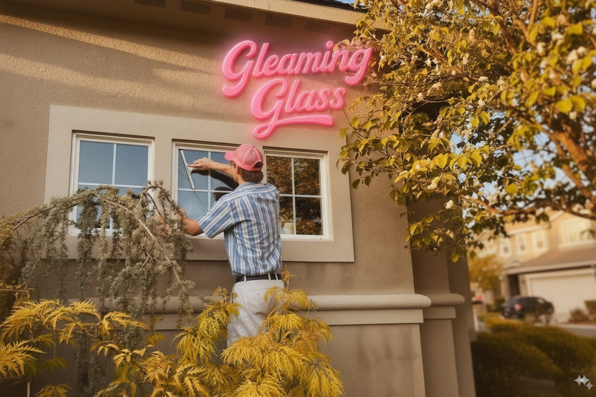 A person wearing a pink cap and blue striped shirt cleaning a window on a house with a sign that says 'Gleaming Glass' in pink neon lights, surrounded by yellow and green foliage.