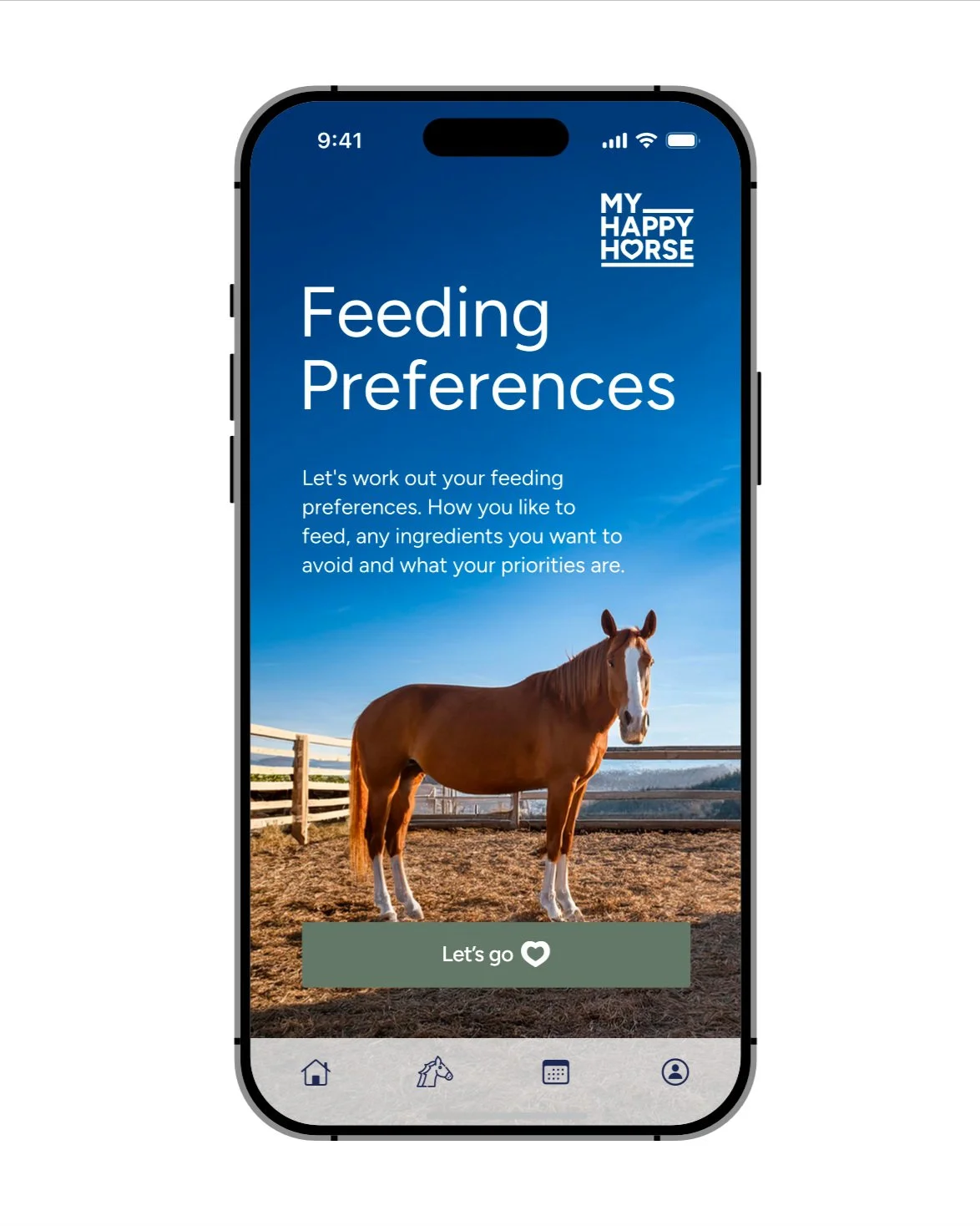 Smartphone screen showing the MyHappy.Horse app with a feeding preferences page featuring a horse standing in a paddock under a blue sky.