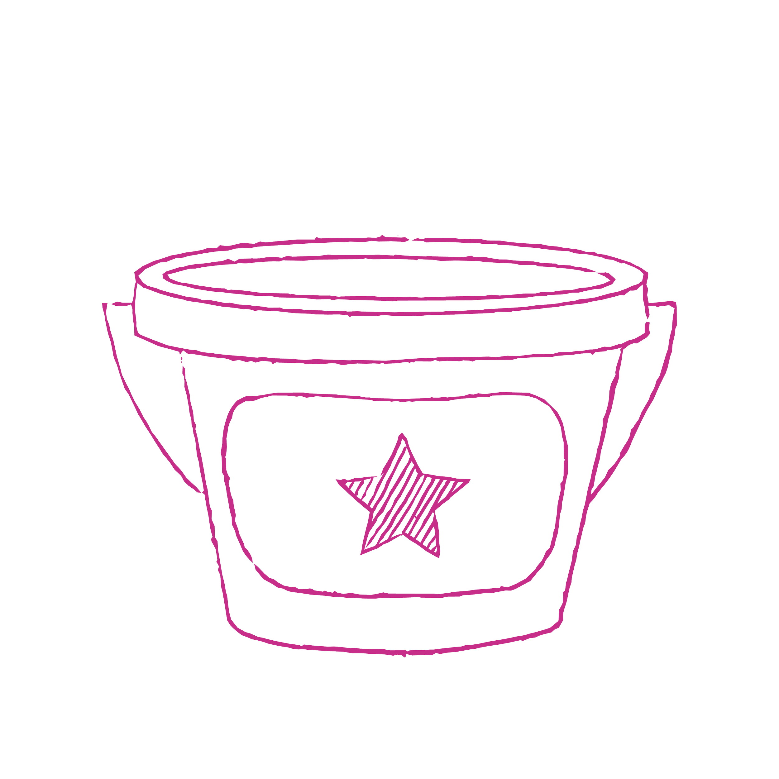 Line drawing of a tree stump with rings and a star shape near the bottom center, outlined in pink on a black background.