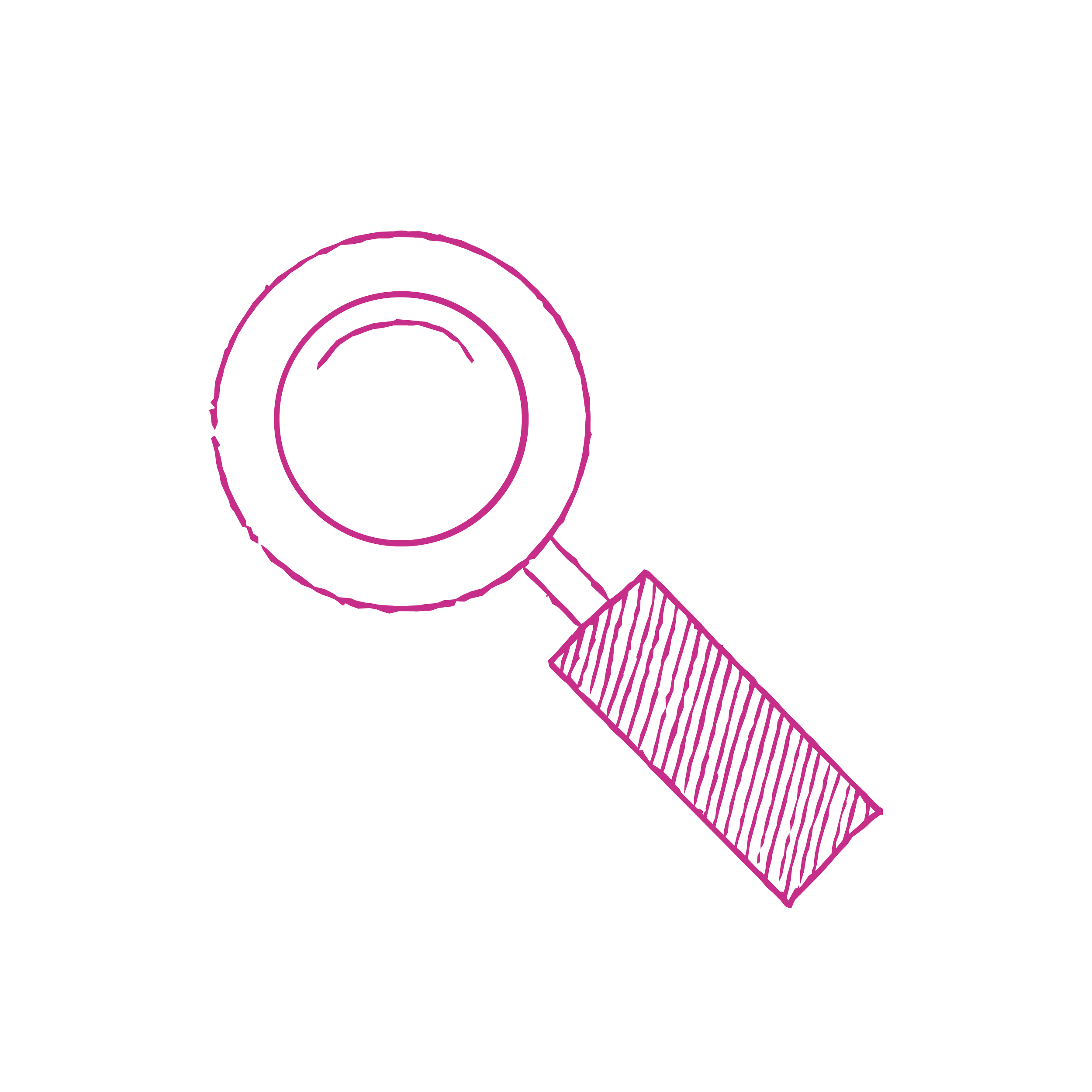 Pink and purple line drawing of a magnifying glass with concentric circles inside it and a group of abstract human figures behind it on a black background.