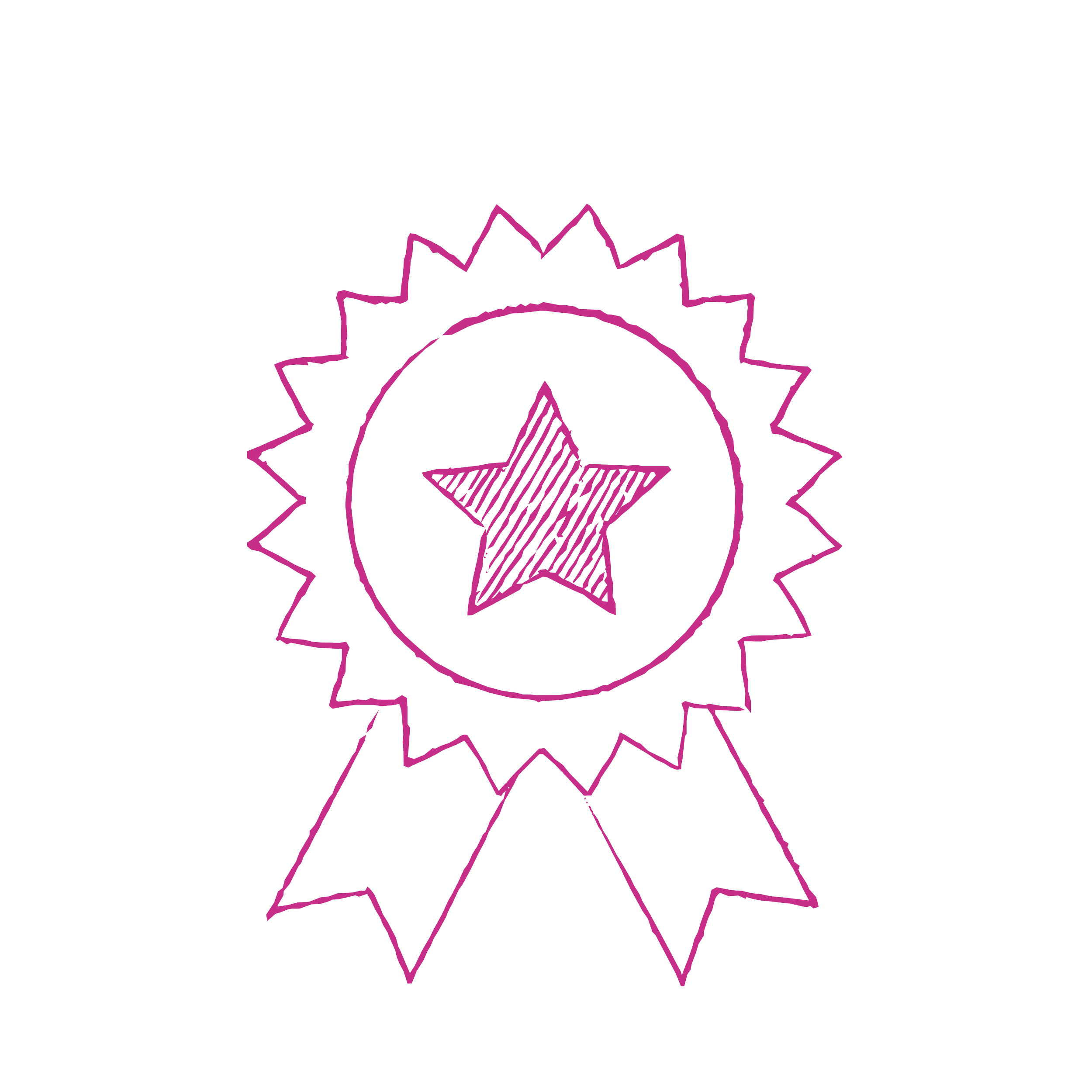 A digital illustration of a medal with a star at the center, surrounded by a jagged, gear-like border. The medal outline is purple, with a ribbon at the bottom.