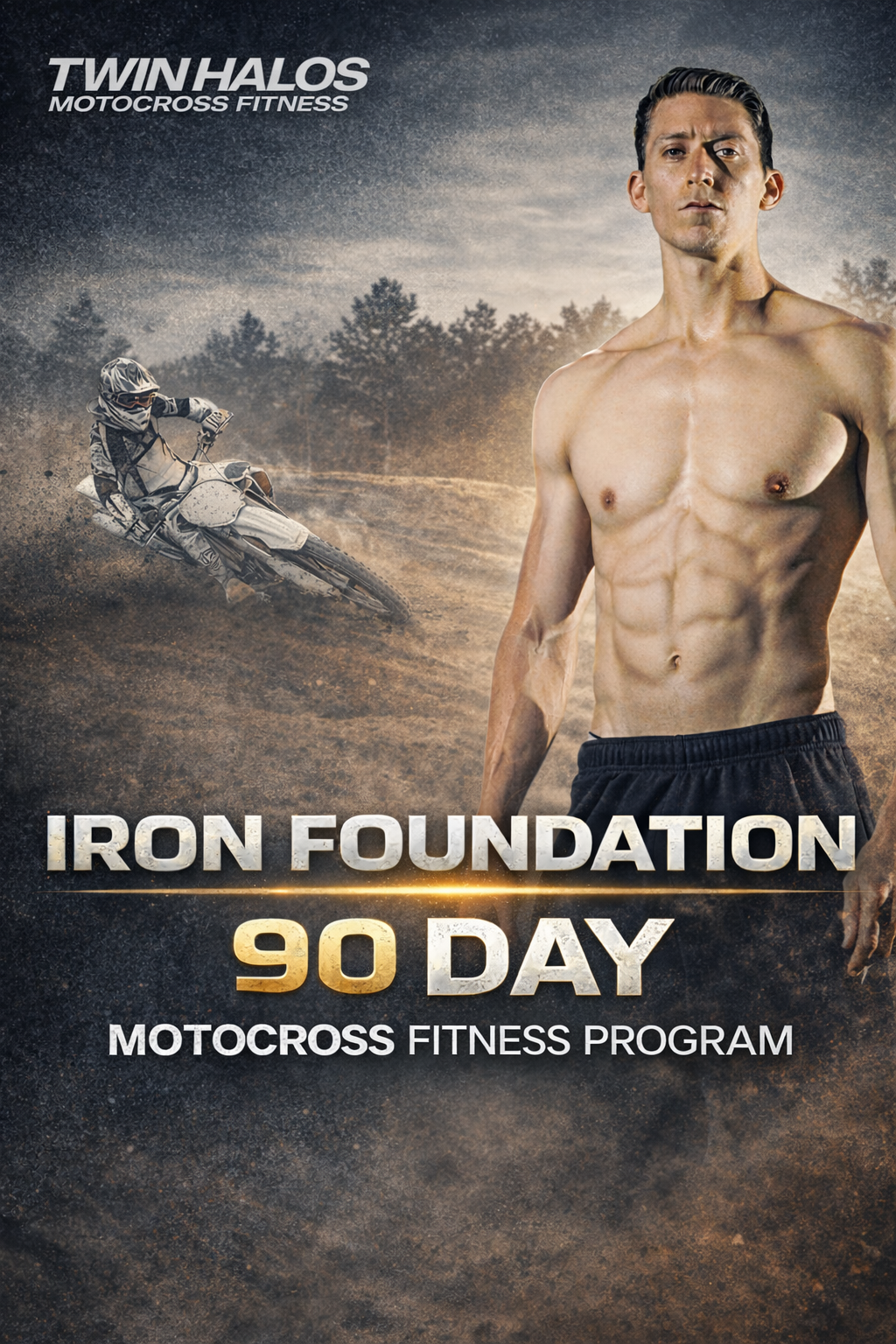 A promotional poster for the 'Iron Foundation 90 Day Motocross Fitness Program' featuring a muscular shirtless man with defined abs standing in front, and a motocross rider in action on a dirt track in the background.
